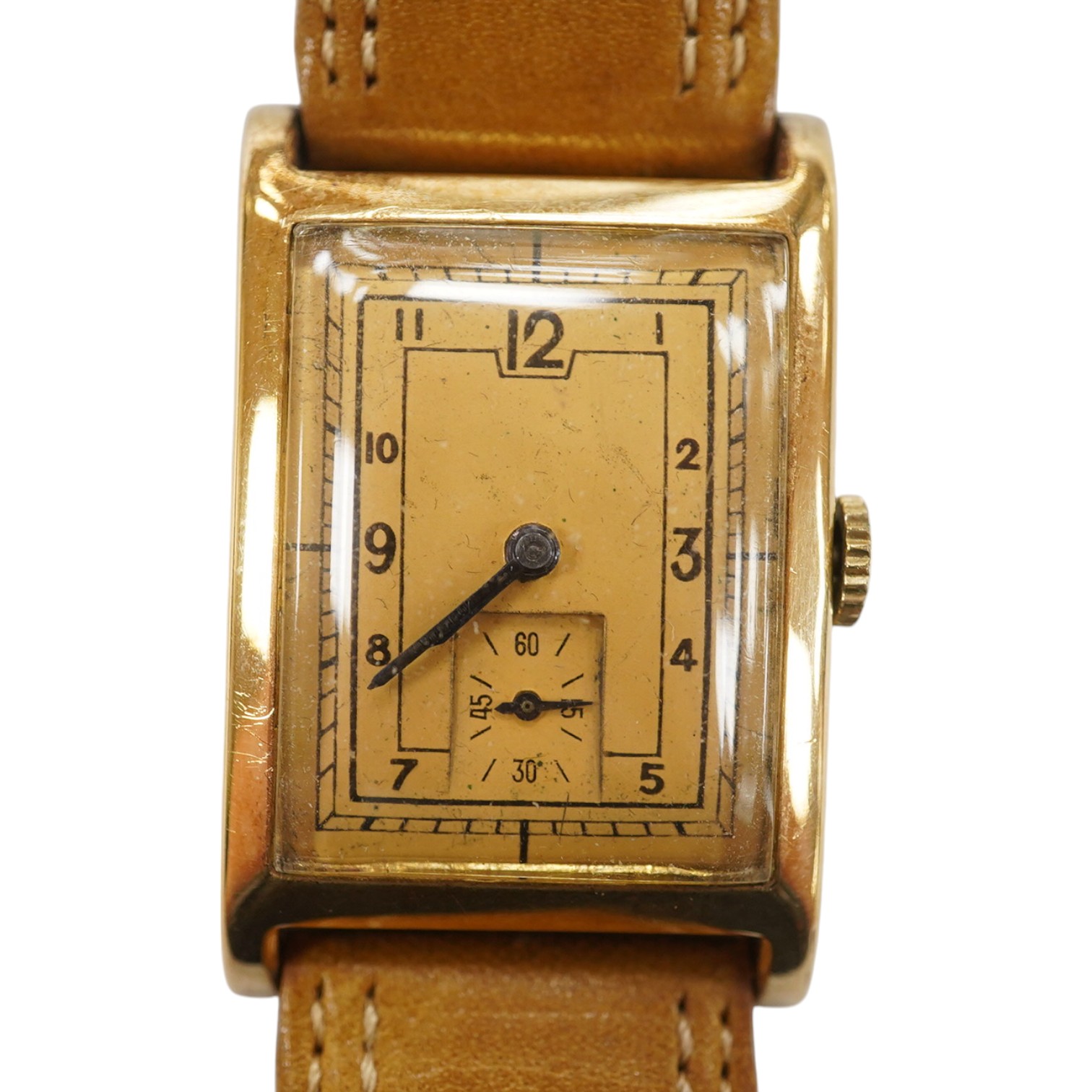 A gentleman's 1930's/1940's 14k gold Zenith manual wind wrist watch, with rectangular Arabic dial and subsidiary seconds, case diameter 25mm, on a later associated leather strap. Condition - fair